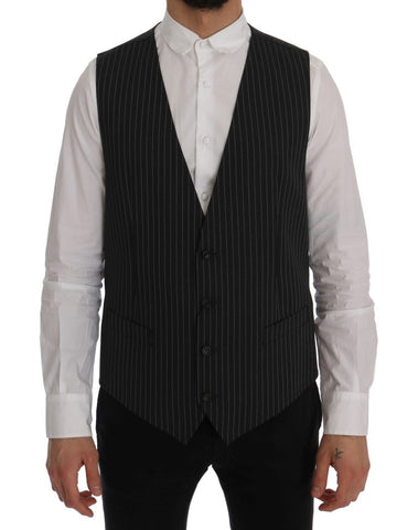 Gray wool stretch vest by Dolce & Gabbana, close-up of textured fabric and tailored fit on a mannequin.