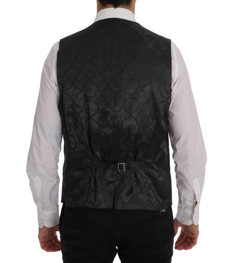 Gray wool stretch vest by Dolce & Gabbana, close-up showing fitted style and textured fabric with subtle stretch details.