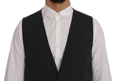 Gray wool stretch vest by Dolce & Gabbana, close-up showing fitted design and textured fabric.
