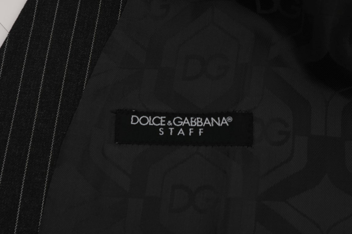 Gray wool stretch vest by Dolce & Gabbana, showing close-up of textured fabric and tailored fit.