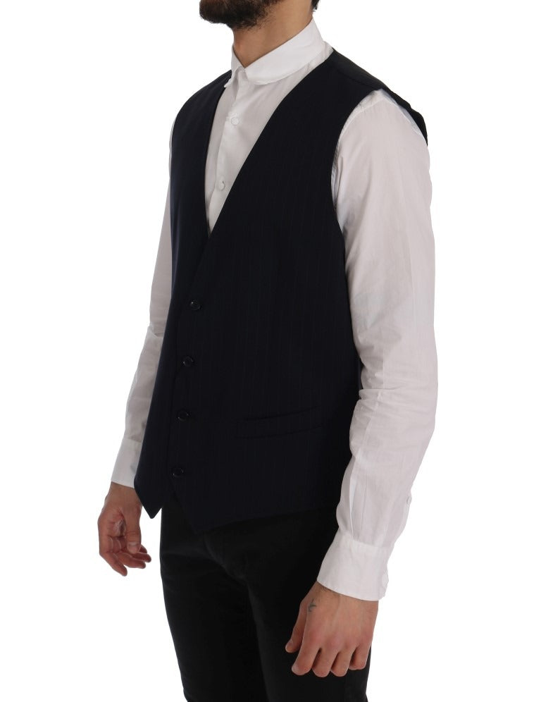 Blue STAFF Wool Stretch Vest by Dolce & Gabbana, close-up of the fitted vest showing wool fabric and sleek design.