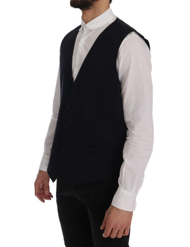 Blue STAFF Wool Stretch Vest by Dolce & Gabbana, close-up of the fitted vest showing wool fabric and sleek design.