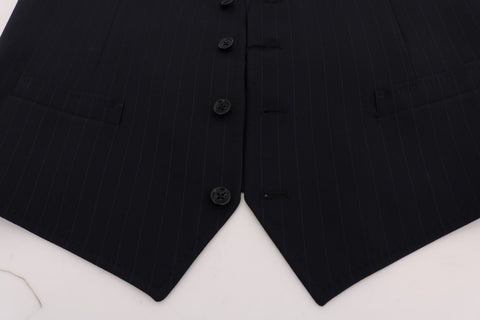 Blue Dolce & Gabbana STAFF Wool Stretch Vest laid flat, showcasing its fitted design and textured fabric.