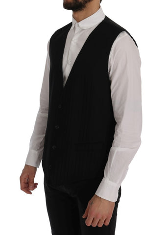 Black STAFF Wool Stretch Vest by Dolce & Gabbana, showing a fitted men's vest with wool fabric and stretch fit details.