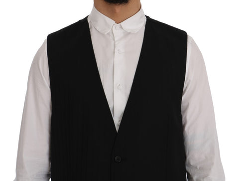 Black STAFF wool stretch vest by Dolce & Gabbana, close-up of fitted vest with textured wool fabric and sleek design.