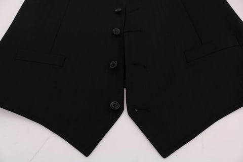 Black STAFF Wool Stretch Vest by Dolce & Gabbana, close-up of the fitted wool vest showcasing its textured fabric and stylish design.