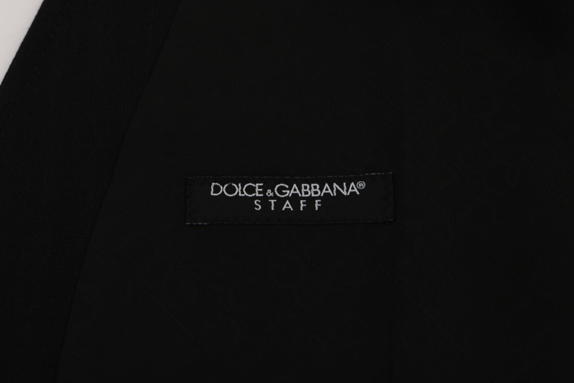 Black Dolce & Gabbana STAFF Wool Stretch Vest displayed on a hanger, showcasing its slim fit and textured fabric.