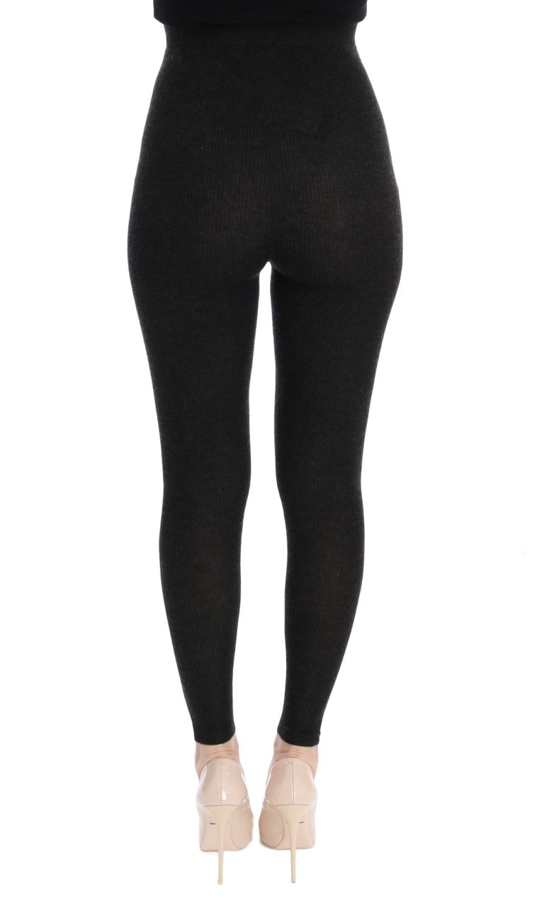 Gray Dolce & Gabbana cashmere stretch tights shown on a model, close-up of soft, fitted hosiery with a smooth texture.