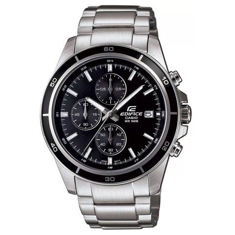 Casio EFR-526D-1AVUEF men's stainless steel watch with black dial and silver band, featuring chronograph functions.
