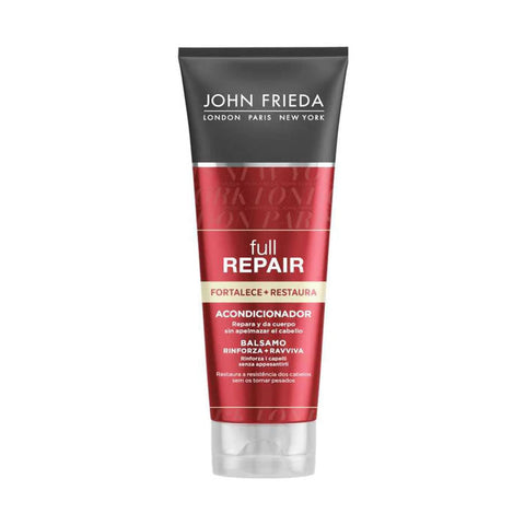 John Frieda Full Repair Strengthen Restore Conditioner in 250ml bottle, with sleek packaging and product label visible.