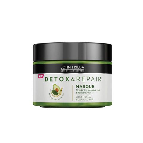 Jag Couture London John Frieda Detox & Repair Masque 250ml bottle with label and cap, hair treatment product for damaged hair.
