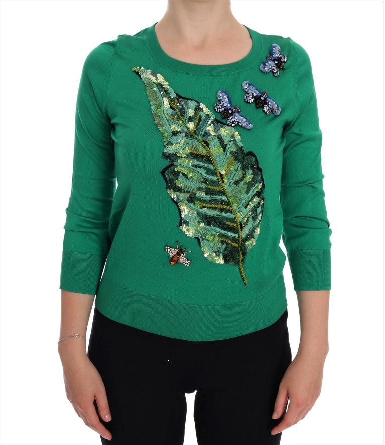 Green silk crystal banana sweater by Dolce & Gabbana featuring a vibrant green color and decorative crystal details.
