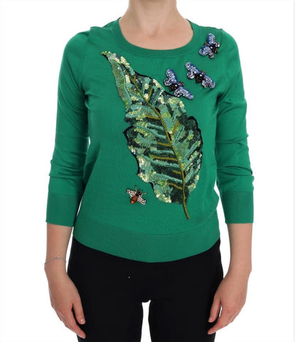 Green silk crystal banana sweater by Dolce & Gabbana featuring a vibrant green color and decorative crystal details.