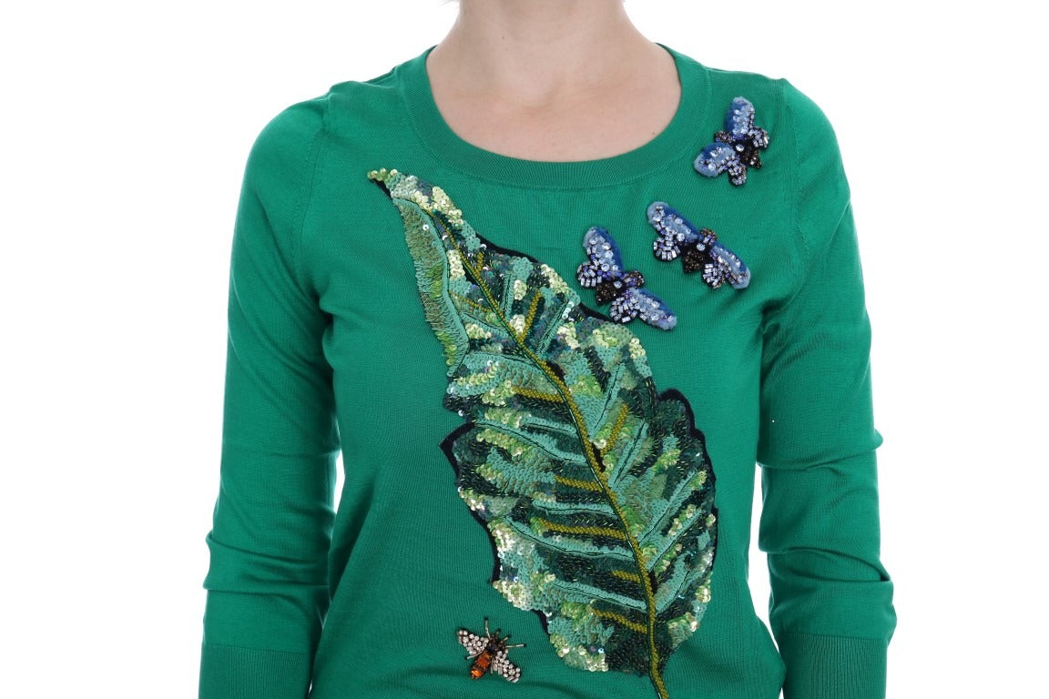 Green silk crystal banana sweater by Dolce & Gabbana featuring a vibrant green knit with decorative crystal embellishments.