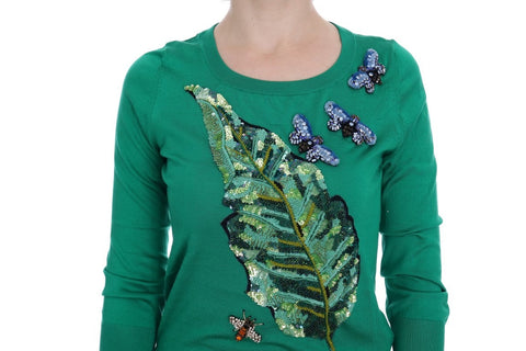 Green silk crystal banana sweater by Dolce & Gabbana featuring a vibrant green knit with decorative crystal embellishments.