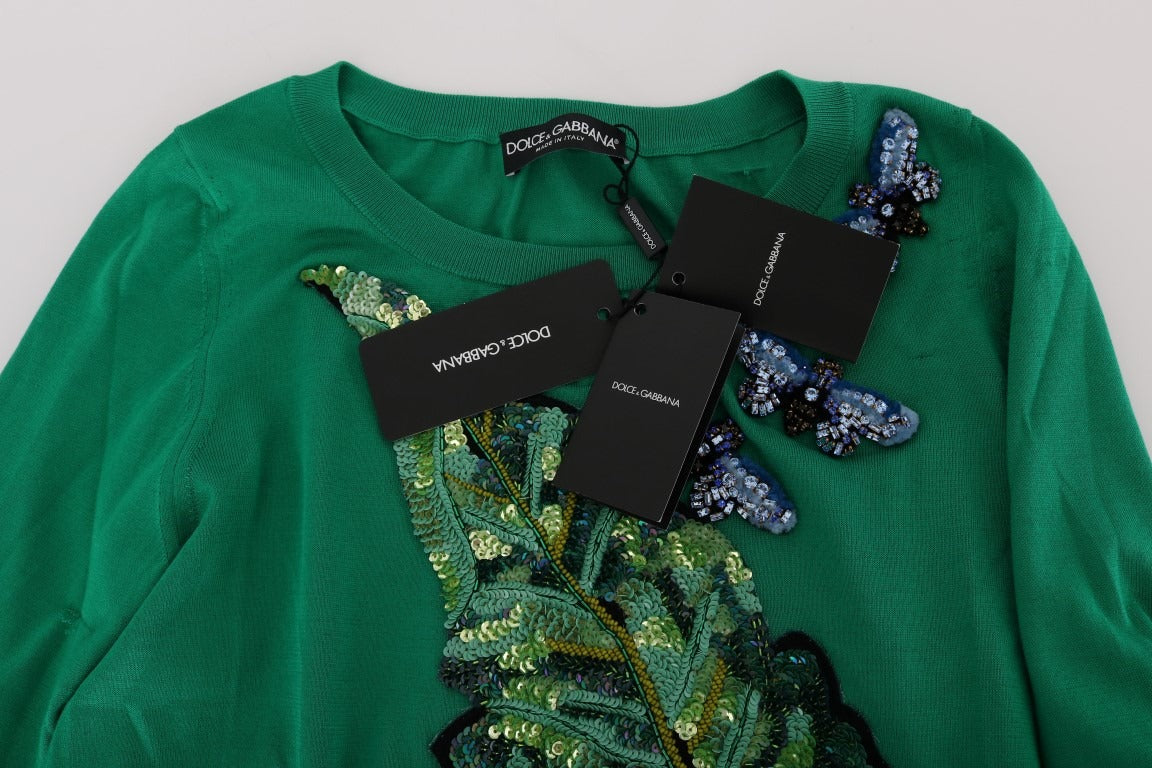 Green silk crystal banana sweater by Dolce & Gabbana featuring a vibrant green silk fabric with crystal embellishments and a relaxed fit.