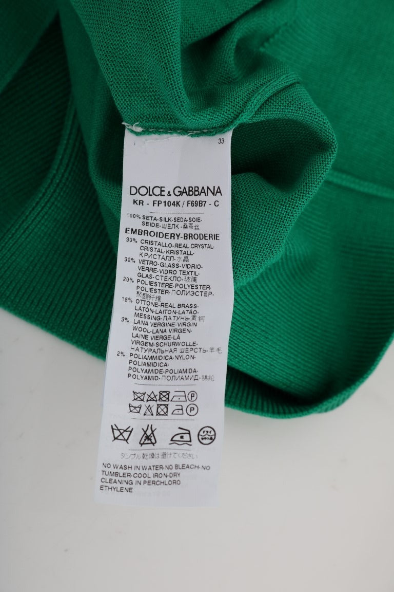 Green silk crystal banana sweater by Dolce & Gabbana featuring a vibrant knitted design with crystal embellishments.