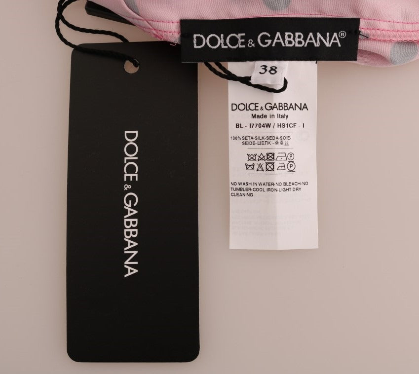 Pink silk blouse with black polka dots from Dolce & Gabbana, featuring a classic collar and long sleeves.