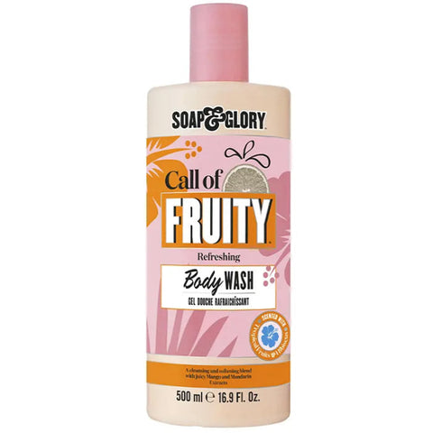 Soap & Glory Call Of Fruity refreshing body wash in 500ml bottle, featuring vibrant packaging and fruity scent.