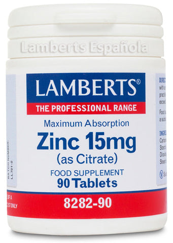 Lamberts Zinc 15 mg supplement bottle with 90 tablets, shown in a clean, professional product image