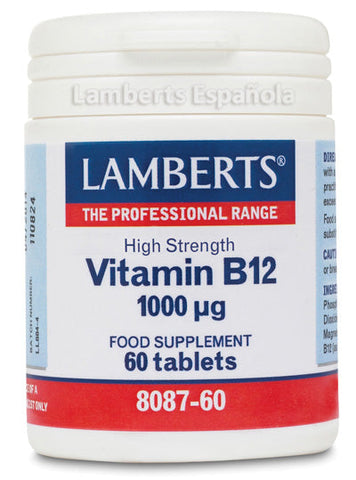Lamberts Vitamin B12 1000mcg supplement in a bottle of 60 tablets, shown with the packaging and tablets inside