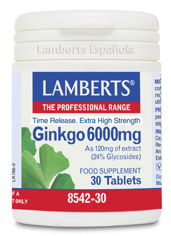 Lamberts Ginkgo Biloba 6000 mg supplement bottle with 60 tablets, featuring green and white label design.