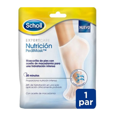 Pair of Scholl Pedimask repair and nourishing foot masks by Jag Couture London New York, designed to protect and hydrate feet.