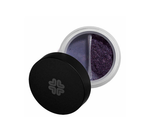 Deep purple mineral eyeshadow from Lily Lolo, showcased in a compact with a close-up of the rich, pigmented eyeshadow shade.