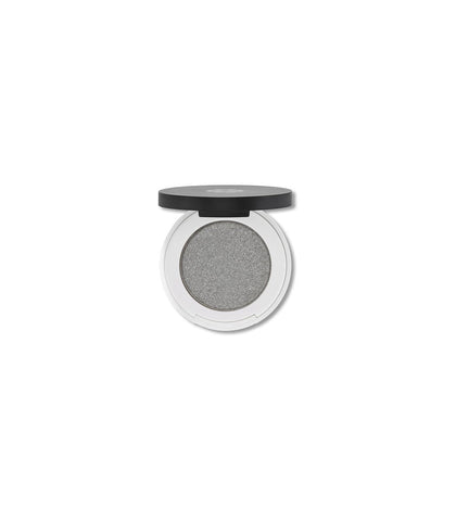 Jag Couture London silver eyeshadow compact by Lily Lolo, open to reveal shimmering silver powder for eye makeup.