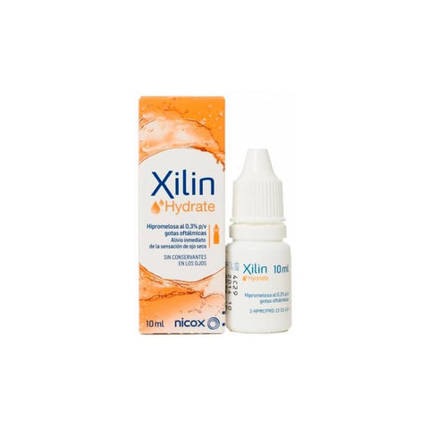 Jag Couture London Xilin Hydrate Eye Drops 10ml bottle for dry eyes, ophthalmic solution with clear dropper cap, front view.