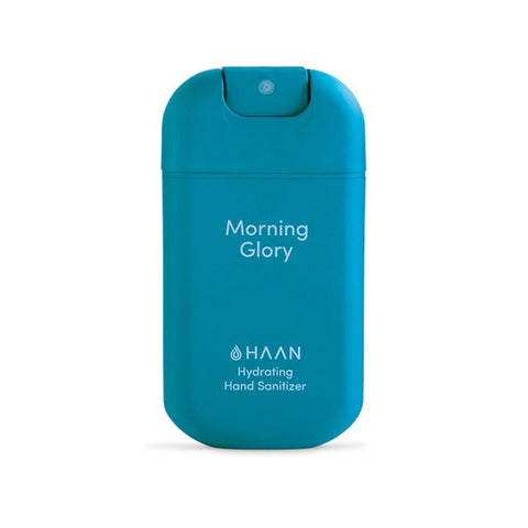 Hydrating Hand Sanitizer in Morning Glory scent by Jag Couture London, 30ml bottle with floral design and clear liquid inside.