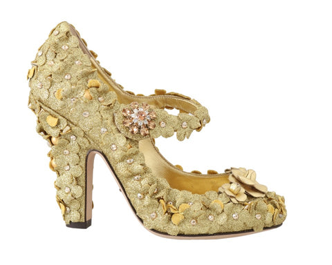 Gold floral crystal Mary Jane pumps by Dolce & Gabbana with decorative flower accents and sparkling embellishments.