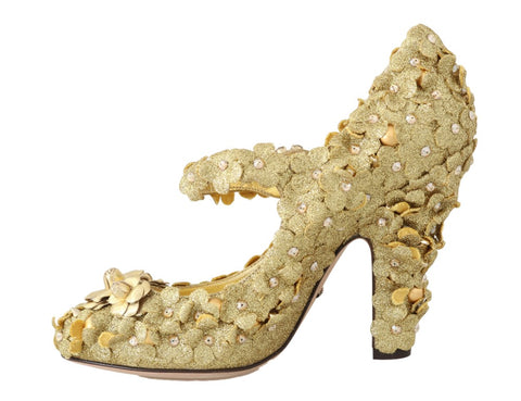 Gold floral crystal Mary Jane pumps by Dolce & Gabbana with decorative floral accents and sparkling crystal details.