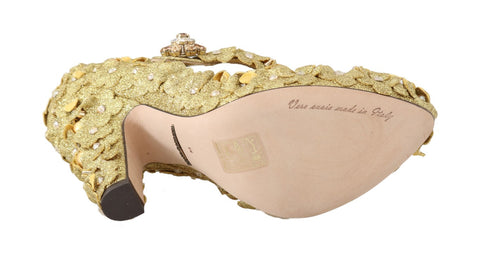 Gold floral crystal Mary Jane pumps by Dolce & Gabbana with elegant floral embellishments and crystal accents.