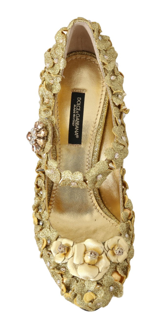 Gold floral crystal Mary Jane pumps by Dolce & Gabbana featuring elegant design and decorative floral accents.