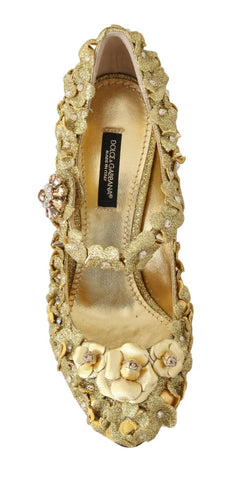 Gold floral crystal Mary Jane pumps by Dolce & Gabbana featuring elegant design and decorative floral accents.