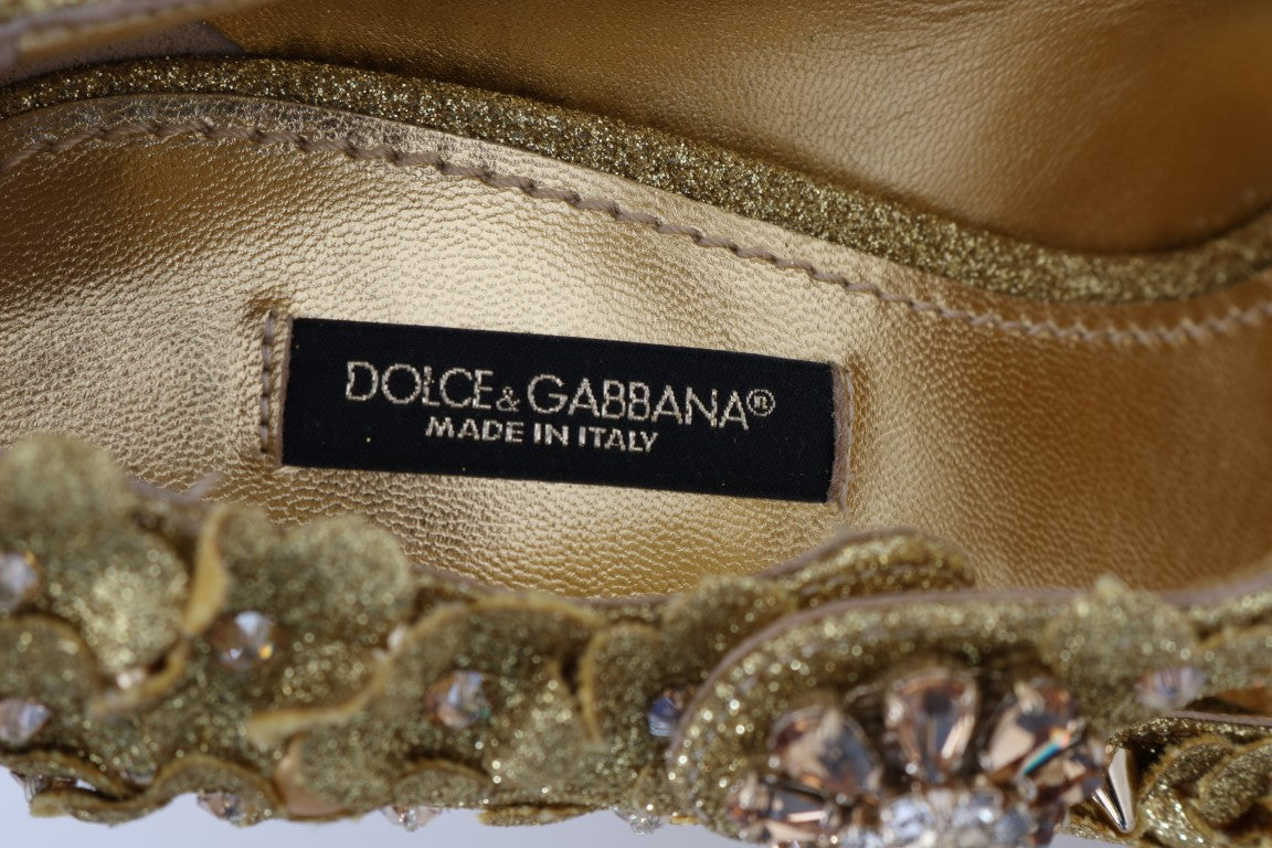 Gold floral crystal Mary Jane pumps by Dolce & Gabbana featuring a rounded toe, floral embellishments, and crystal accents.