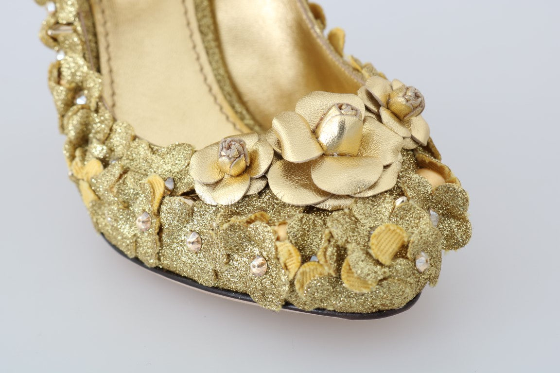 Gold floral crystal Dolce & Gabbana Mary Janes pumps with decorative floral and crystal embellishments on the shoes.