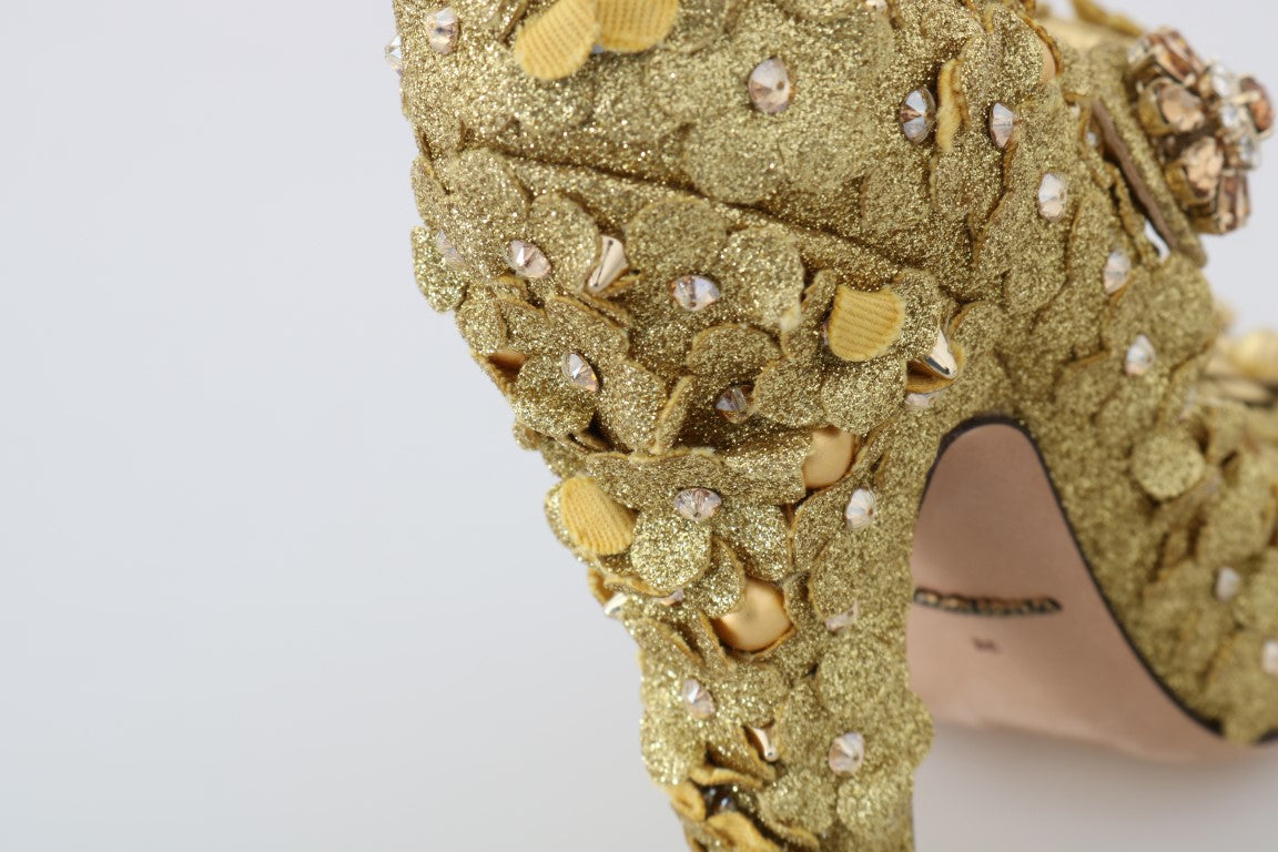 Gold floral crystal Mary Jane pumps by Dolce & Gabbana with decorative floral accents and sparkling crystal embellishments.