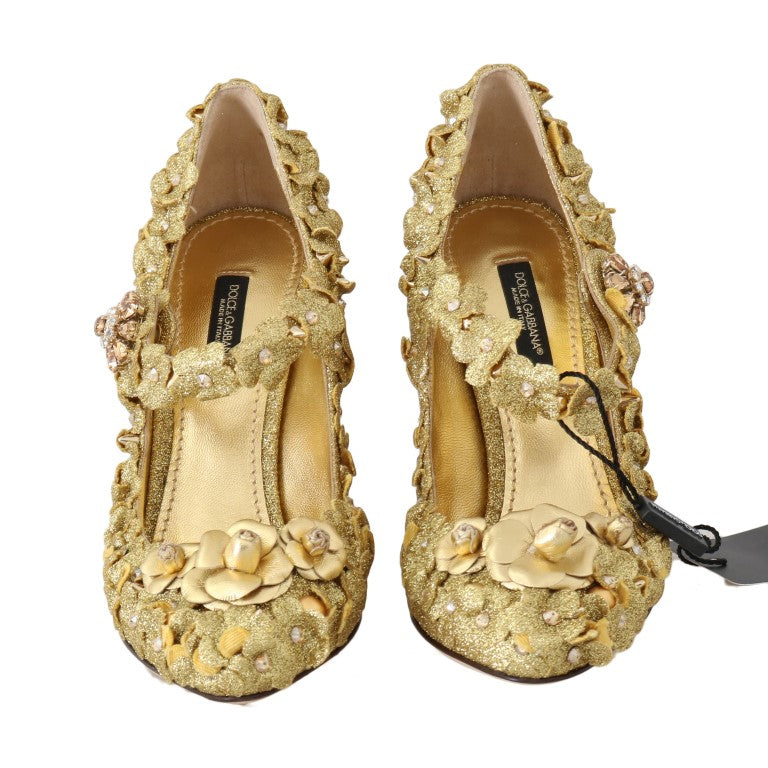 Gold floral crystal Mary Jane pumps by Dolce & Gabbana with decorative floral accents and sparkling crystal details.