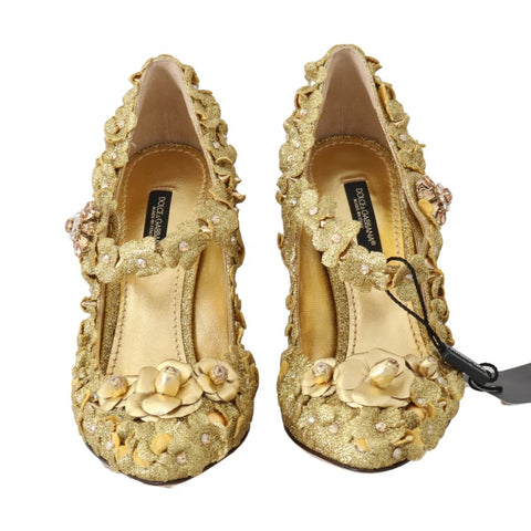 Gold floral crystal Mary Jane pumps by Dolce & Gabbana with decorative floral accents and sparkling crystal details.