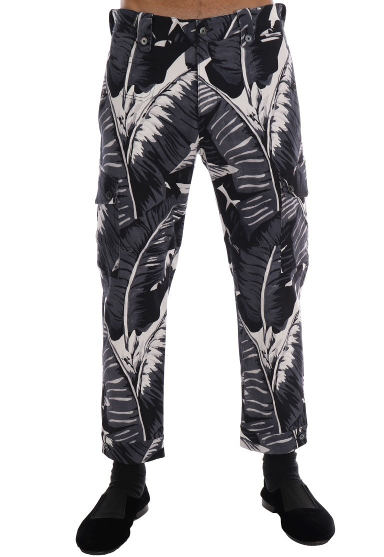 Gray Banana Leaf cotton pants by Dolce & Gabbana, showcasing a relaxed fit and tropical leaf pattern on lightweight fabric.