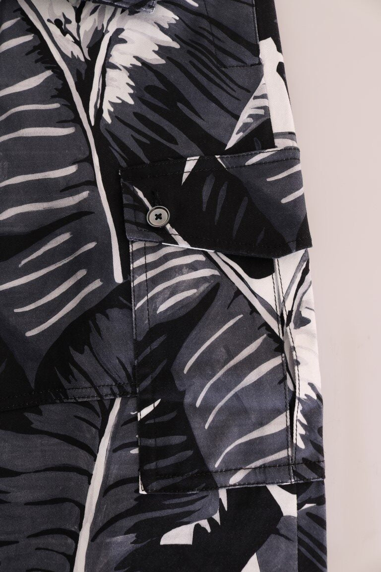Gray Dolce & Gabbana banana leaf cotton pants displayed with a focus on the relaxed fit and tropical leaf print fabric.