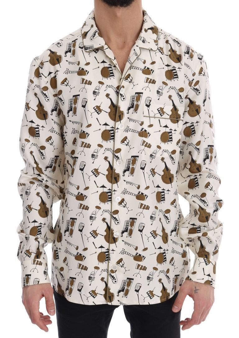 White silk jazz motif print shirt by Dolce & Gabbana, featuring a stylish and elegant design with intricate patterns.