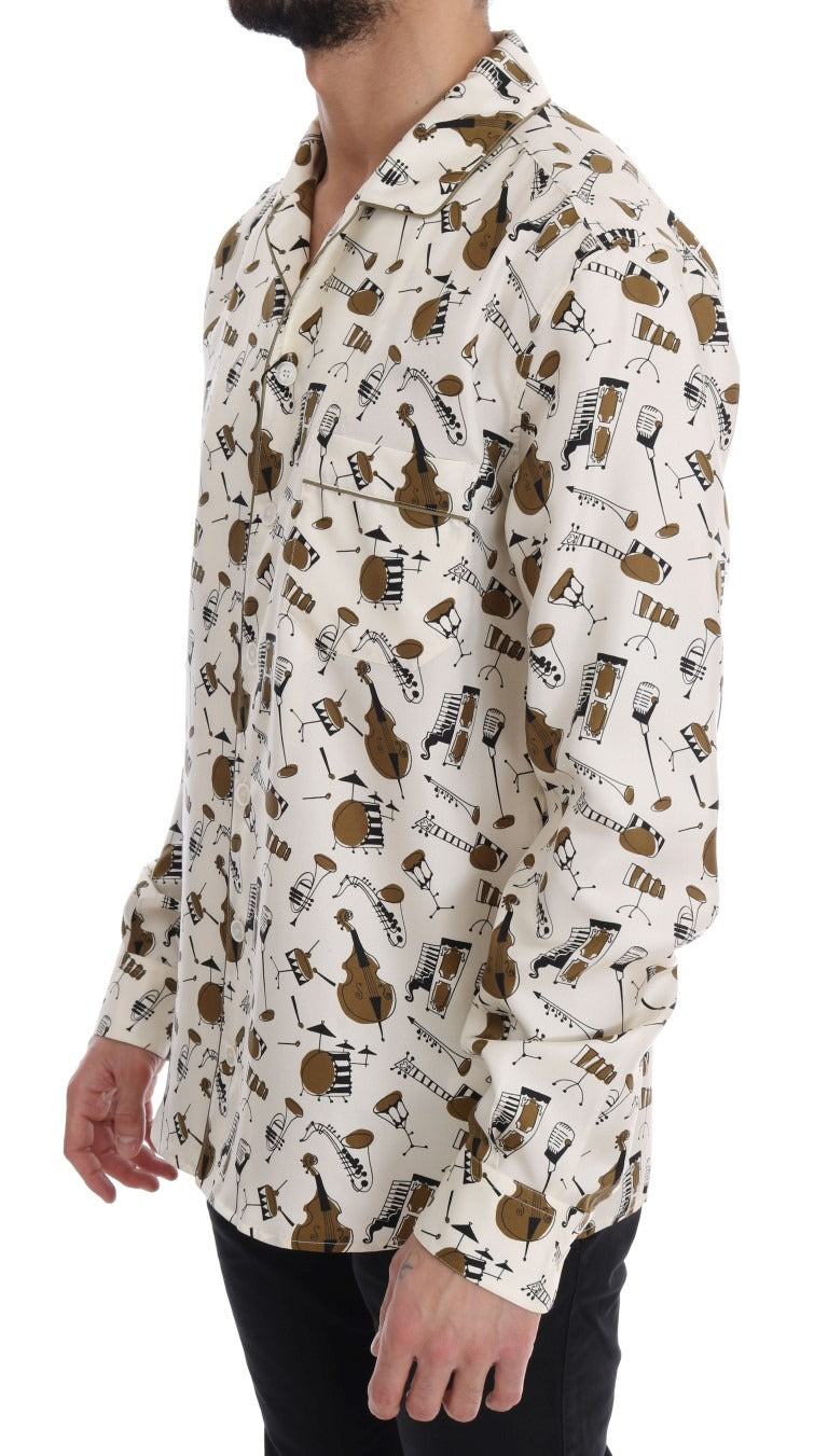 White silk shirt with jazz motive print by Dolce & Gabbana, featuring a classic collar and button-down front.