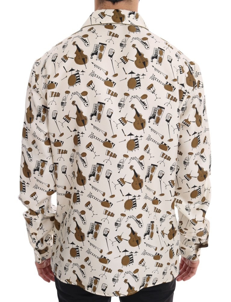 White silk jazz motif print shirt by Dolce & Gabbana featuring a stylish design and elegant fit.