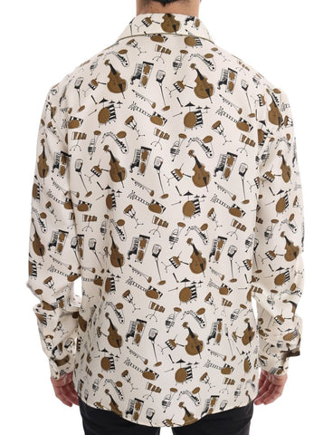 White silk jazz motif print shirt by Dolce & Gabbana featuring a stylish design and elegant fit.