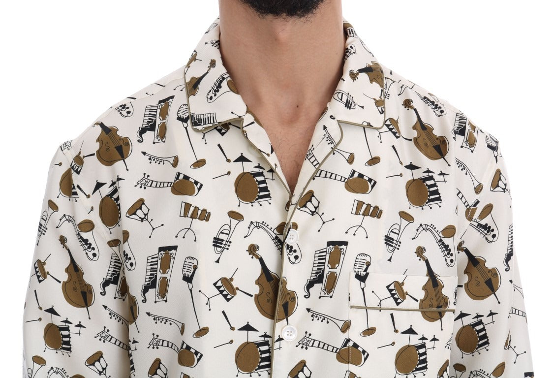 White silk jazz motif print shirt by Dolce & Gabbana, featuring a stylish design and elegant fit.