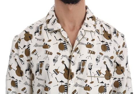 White silk jazz motif print shirt by Dolce & Gabbana, featuring a stylish design and elegant fit.