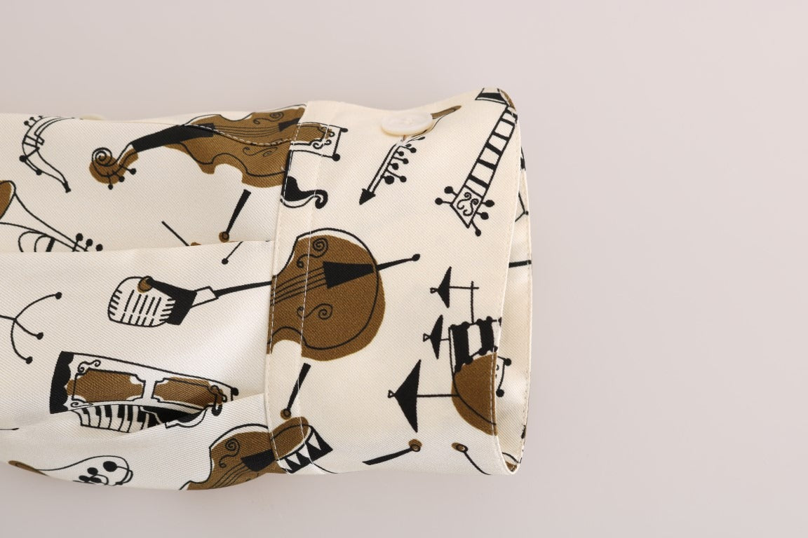 White silk jazz motif print shirt by Dolce & Gabbana, featuring stylish design and elegant fabric for a sophisticated look.